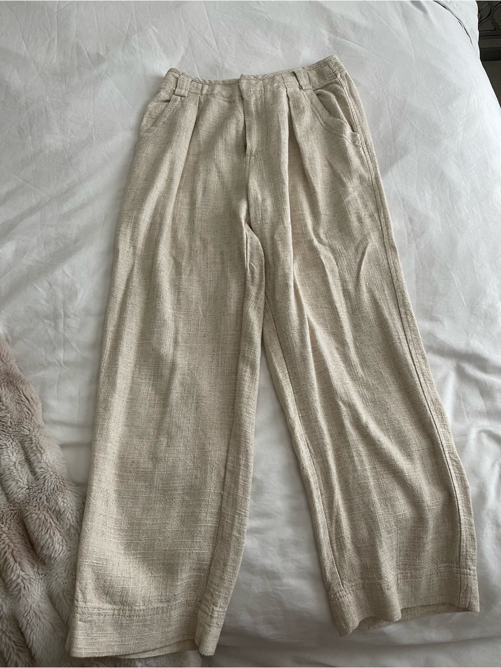 Free People Wide-Leg Linen-Blend Pants in Light Beige cropped